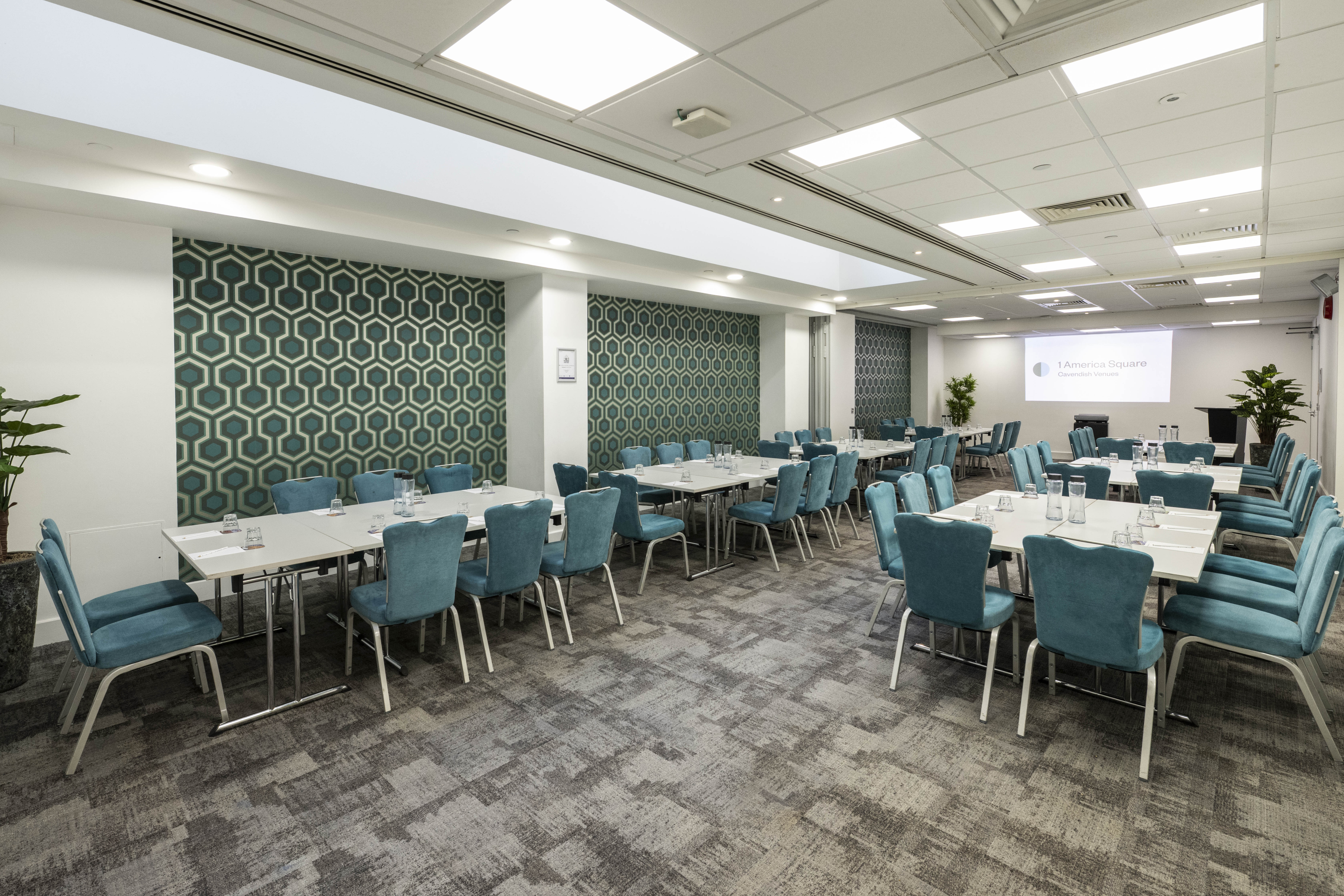 The Aldgate and Bishopsgate Suite at 1 America Square, set out cabaret style