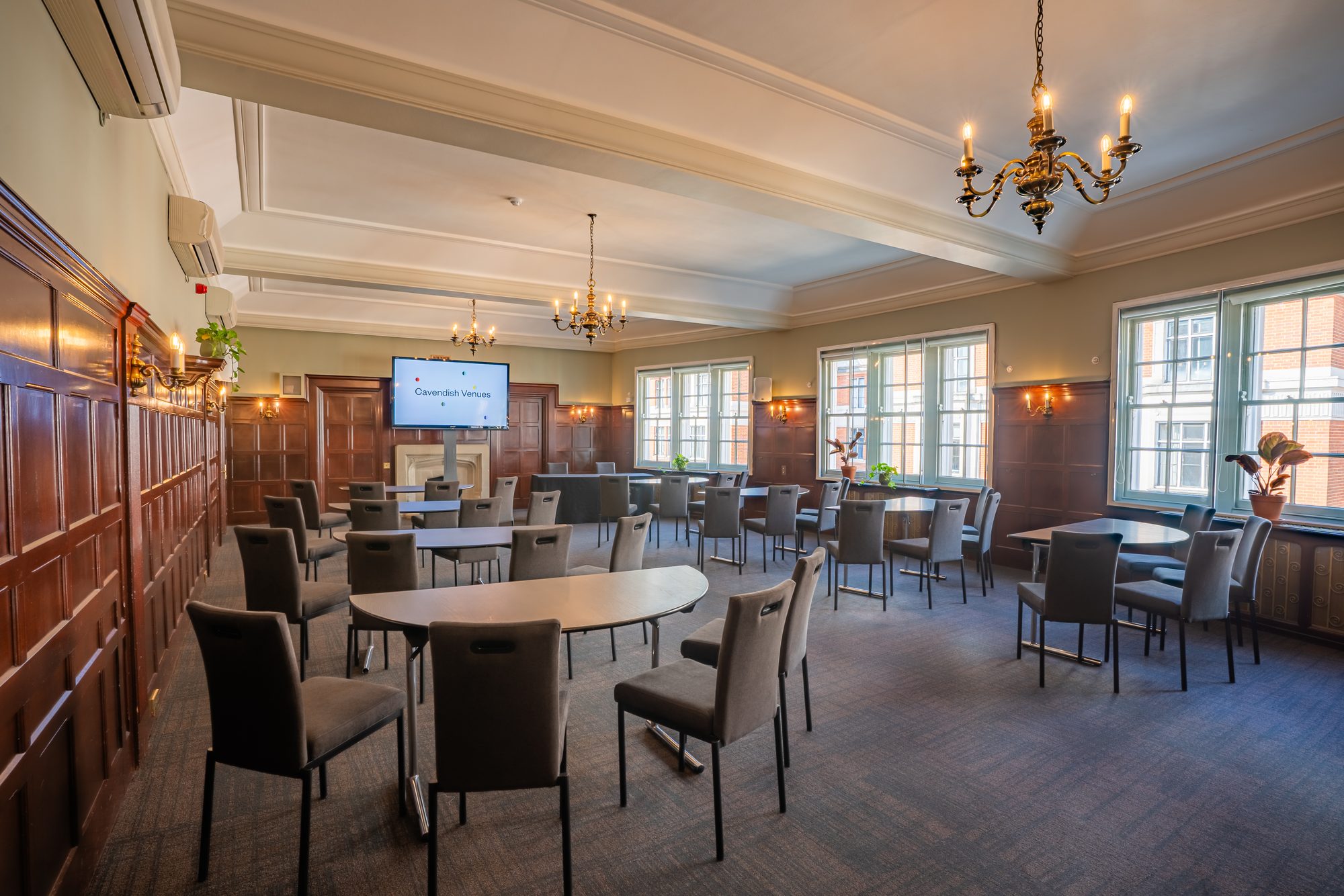 Wood-panelled function room at 44 Hallam Street
