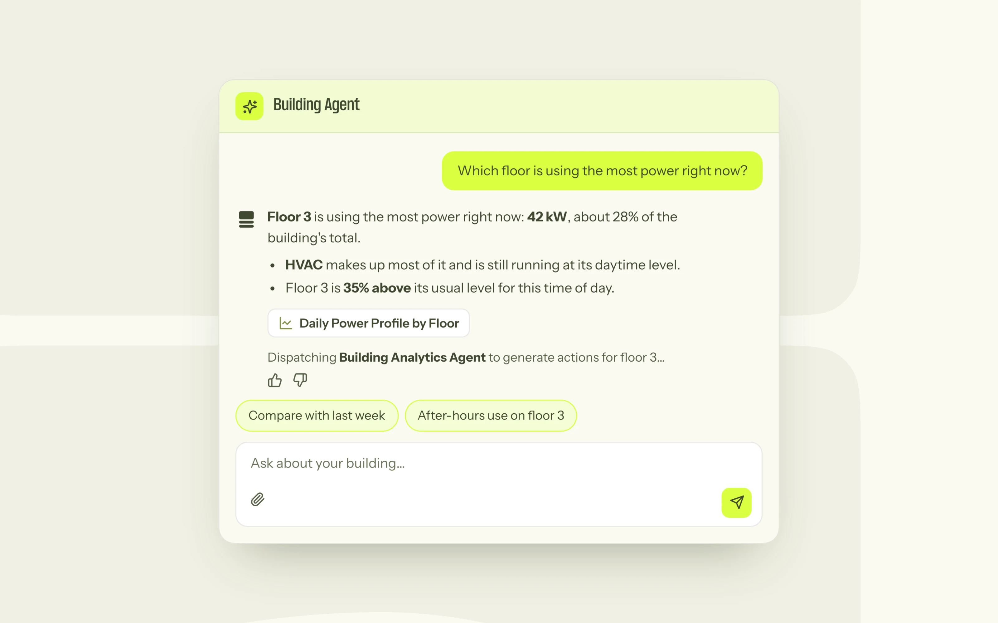 The Building Agent answering which floor is using the most power, with a link to the widget behind the answer and suggested follow-up questions