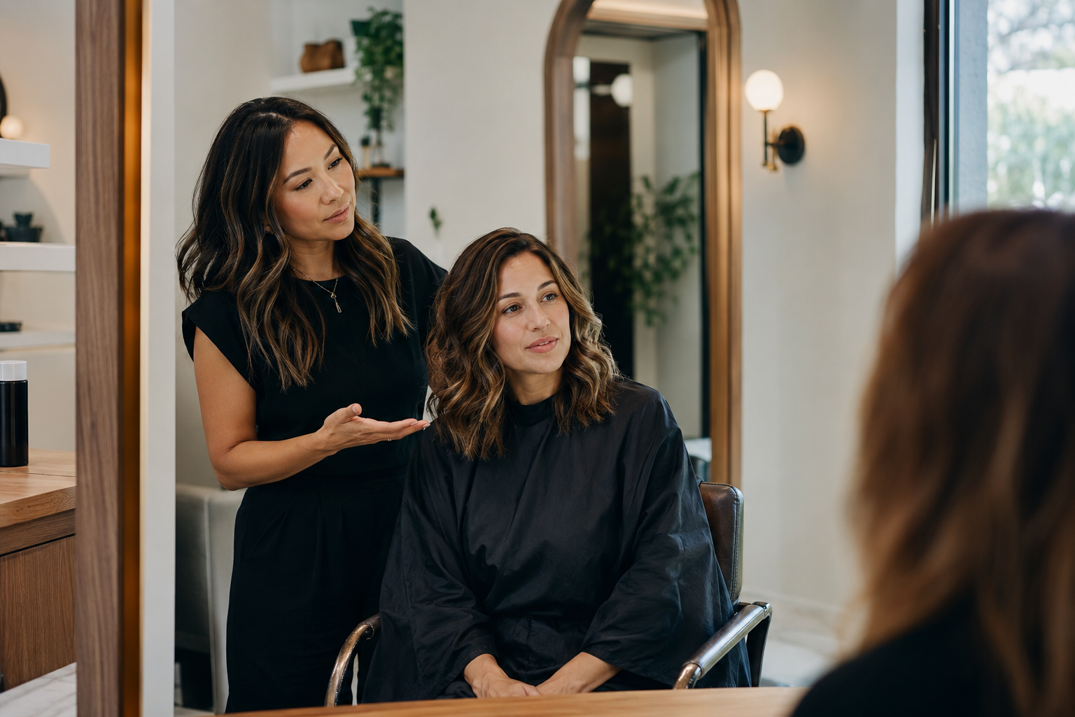 Stylist and client discussing a personalized hair service plan during a salon consultation