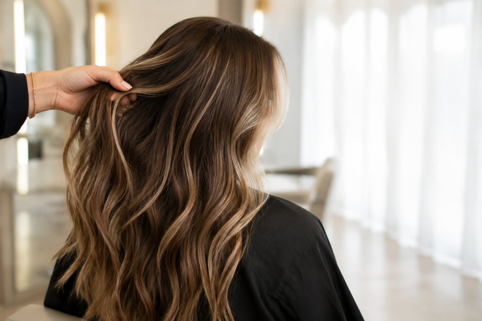 Dimensional brunette highlights with bright face-framing ribbons