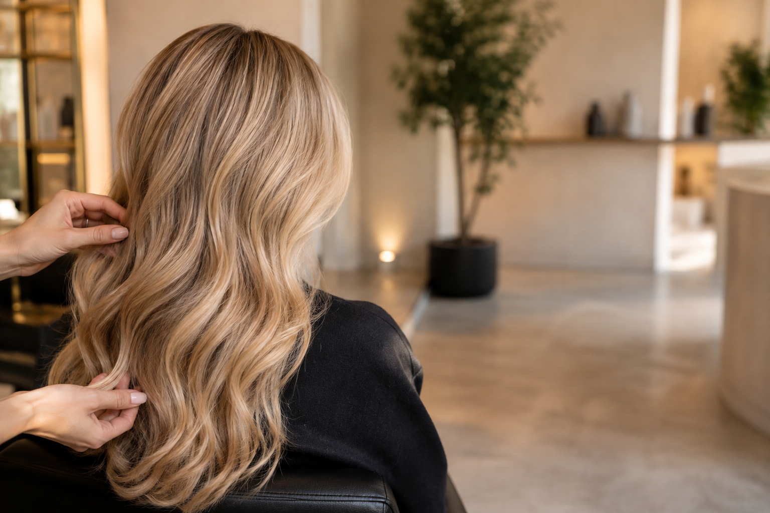 Healthy neutral blonde hair with an overall dimensional blonding result