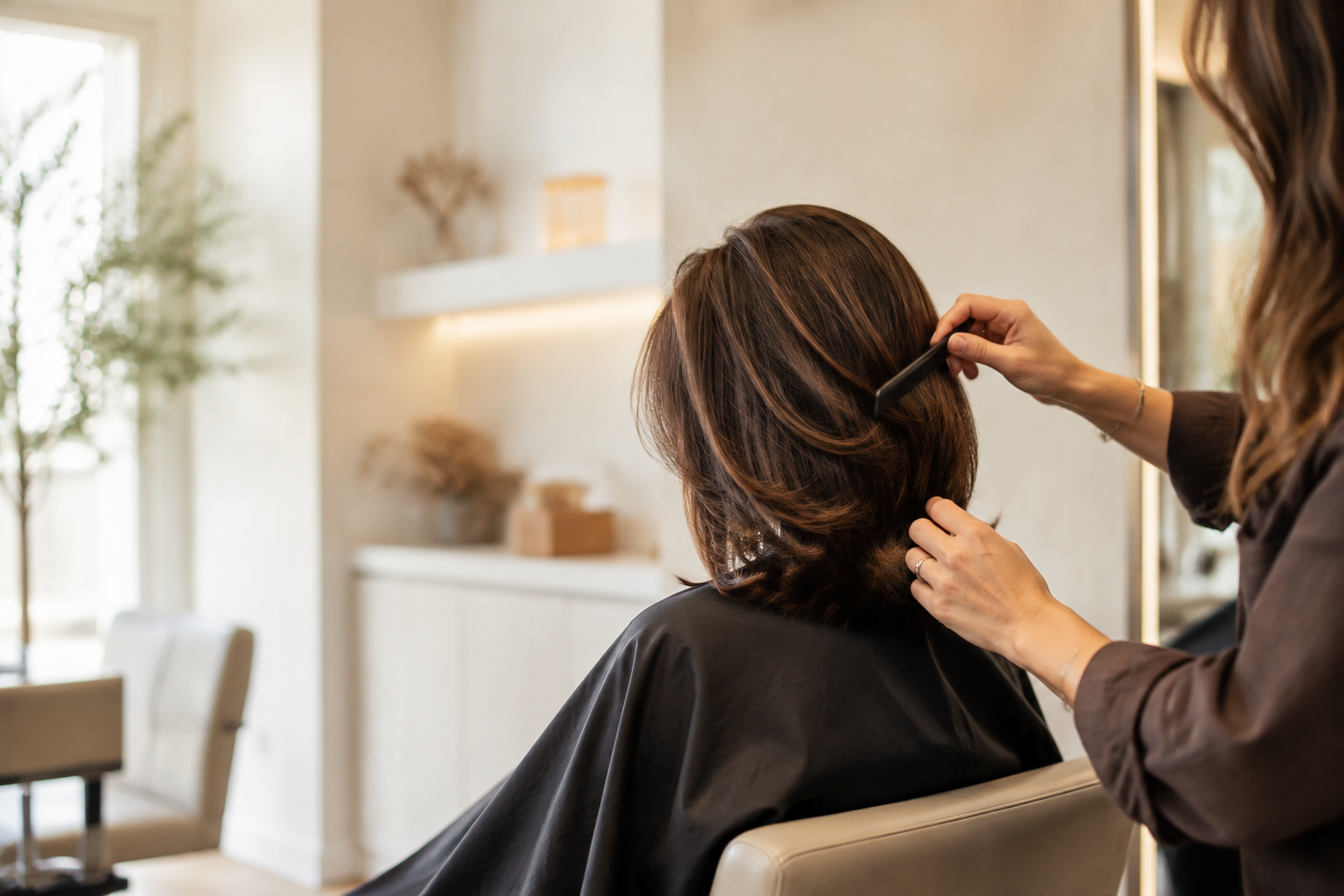 Layered shoulder-length haircut with polished shape and movement