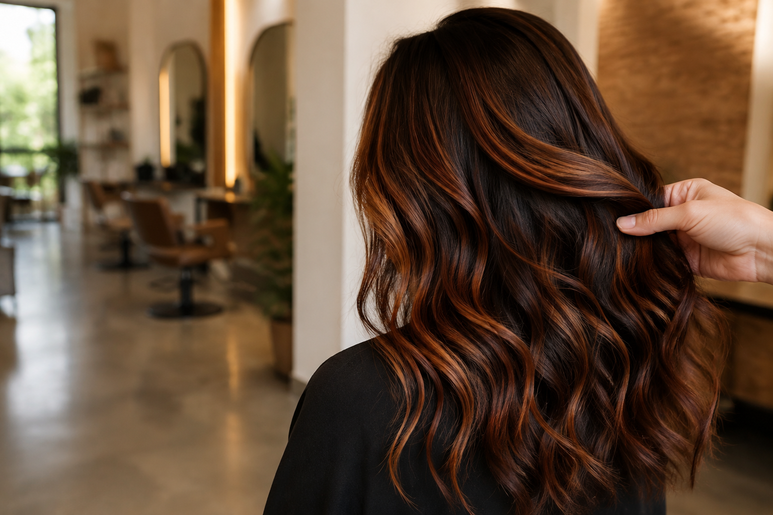 Dimensional brunette hair transformed with warm copper and auburn ribbons