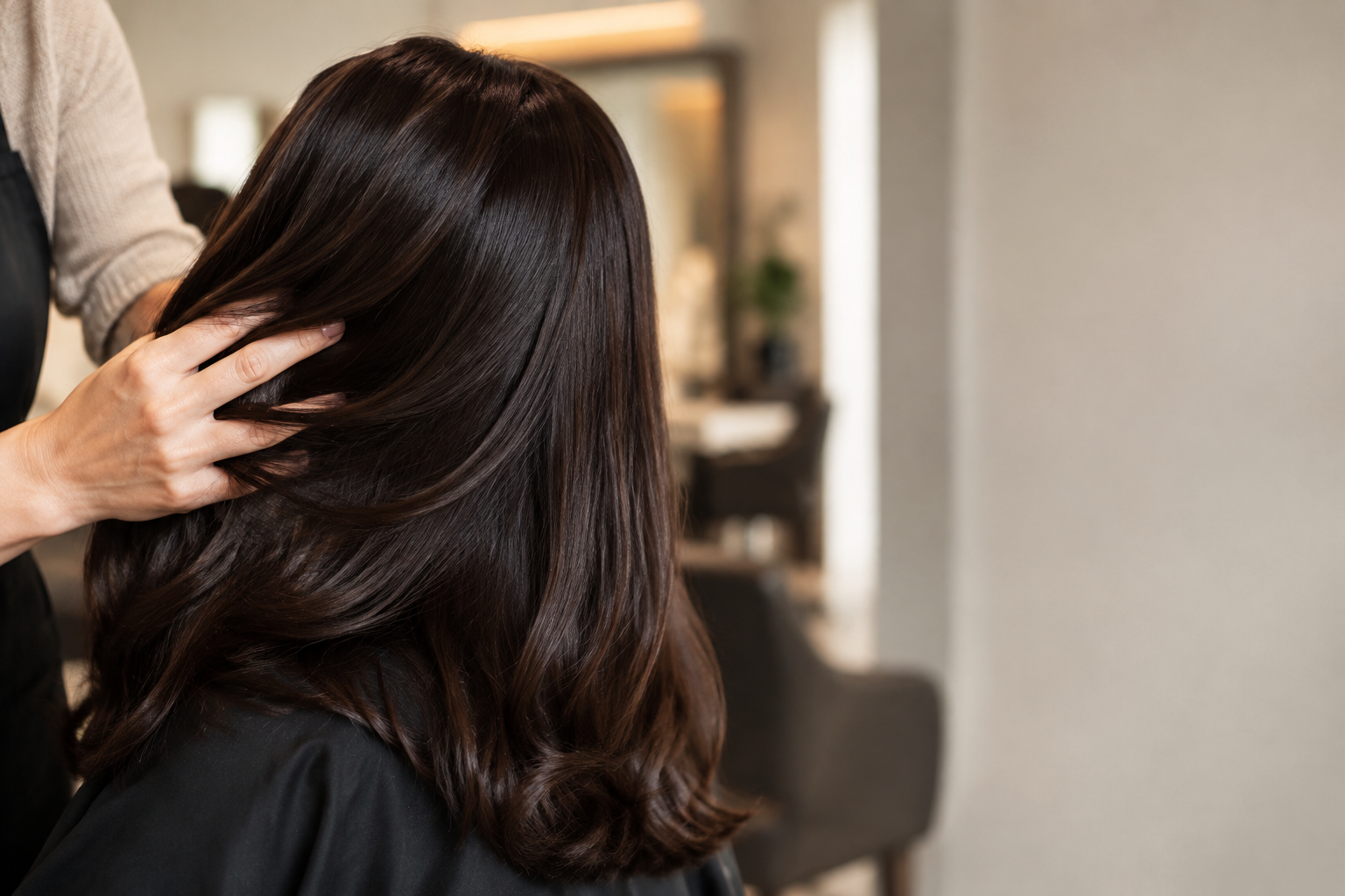 Healthy glossy brunette hair after a professional conditioning treatment