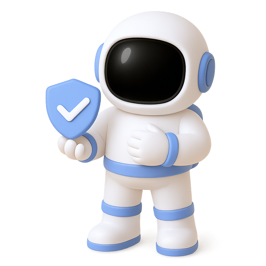 Packsy, a 3d Astronaut Mascot for Packsify LLC, holding a badge with check