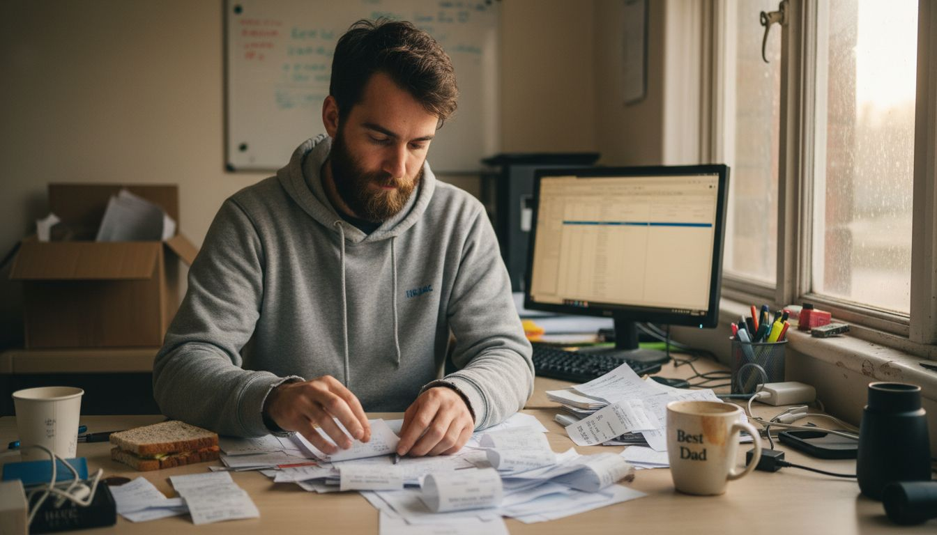 Startup founder sorts through receipts and paperwork