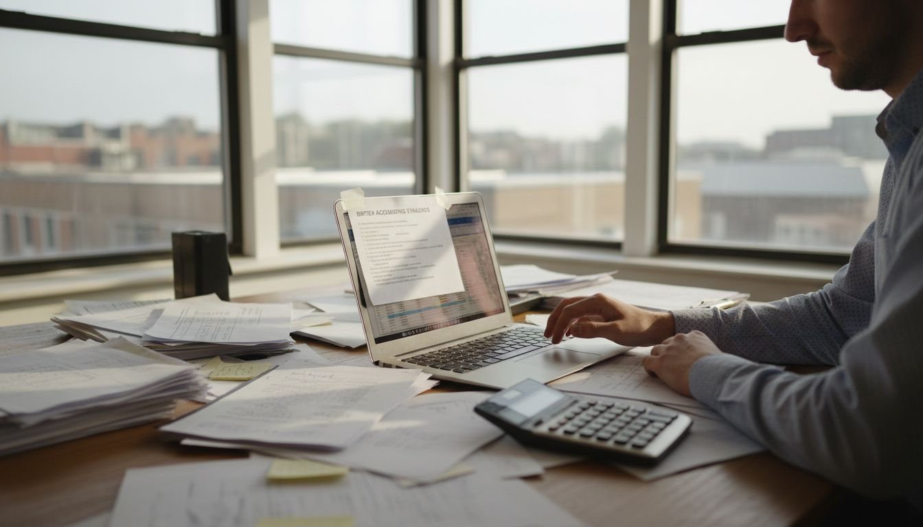 Bookkeeper recording transactions with paperwork and laptop
