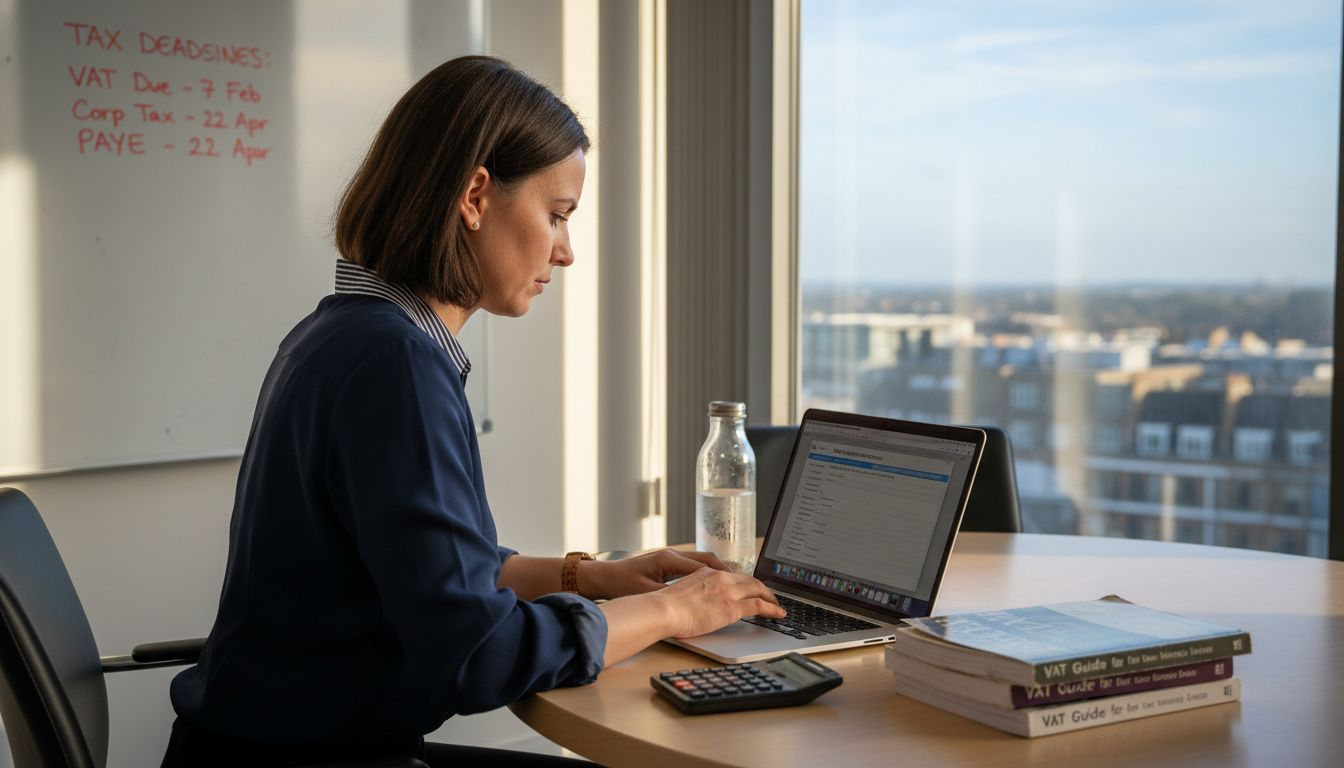 Manager entering VAT numbers at busy desk