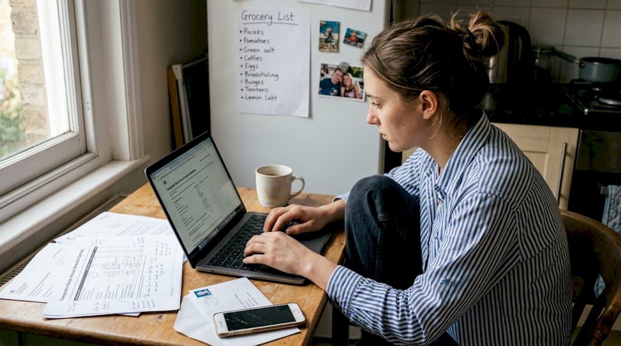 Tech founder types at kitchen table with paperwork