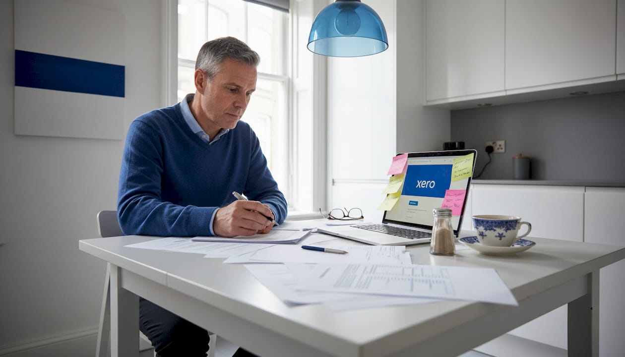 Bookkeeper reviewing accounting checklist at home