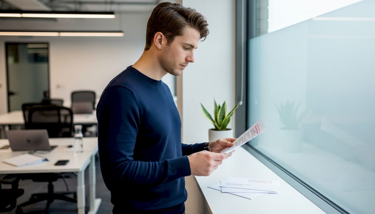 Founder reviewing registered office documents in workspace
