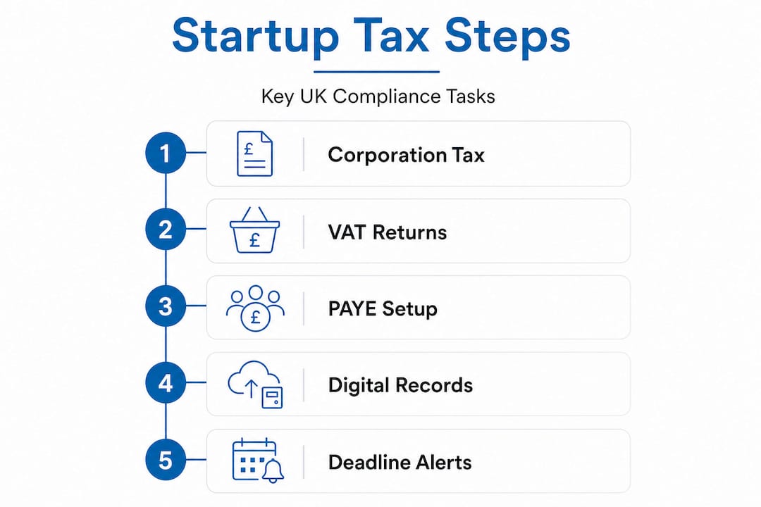 Startup tax compliance steps infographic