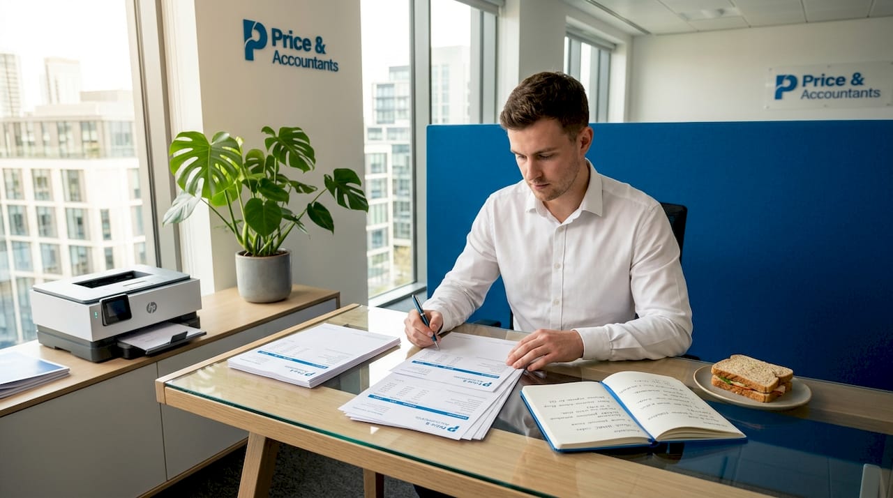 Payroll specialist checking payslips in office