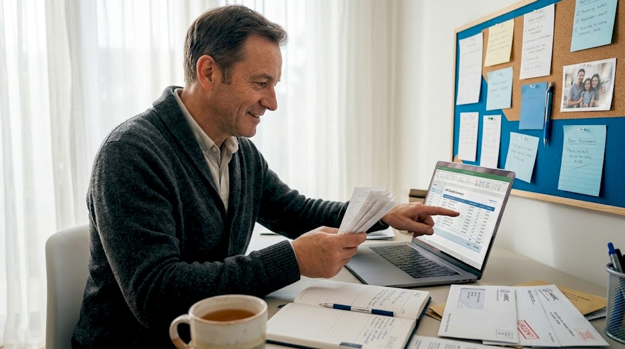 Small business owner tracking financial records