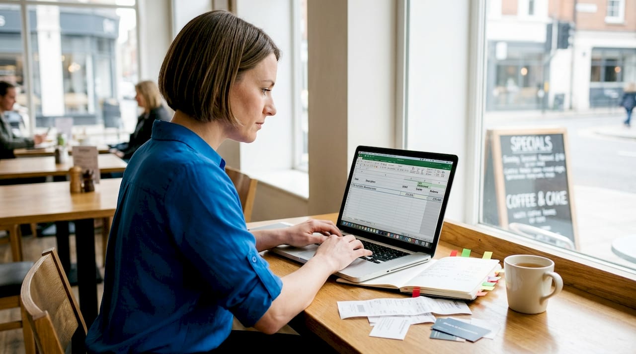 Bookkeeper entering business loan data in spreadsheet