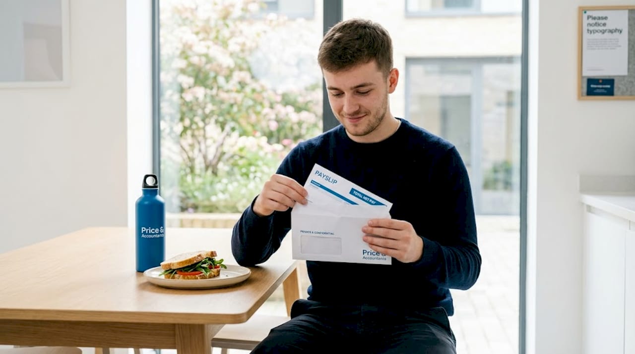 Employee opening payslip at office table