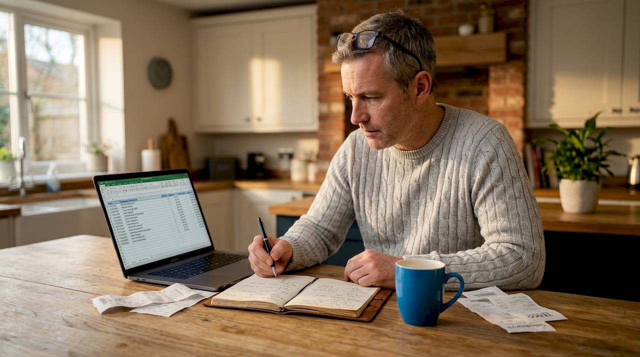 Man organizing VAT bookkeeping at kitchen table
