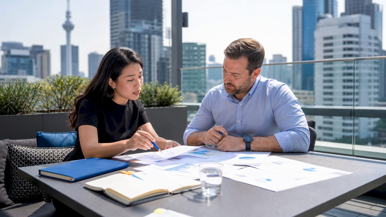 Professionals discussing financial reports