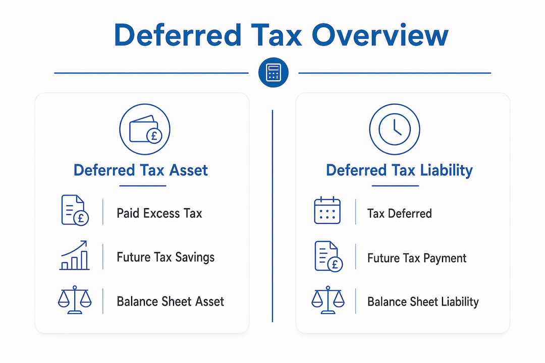 Infographic showing deferred tax assets versus liabilities comparison