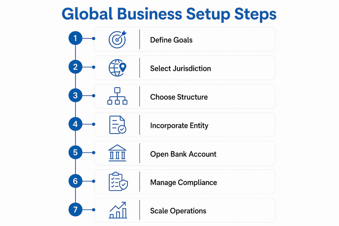 Infographic showing key steps for global business setup