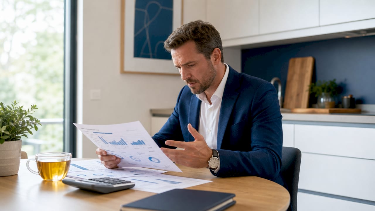 Hands pointing at financial forecast documents