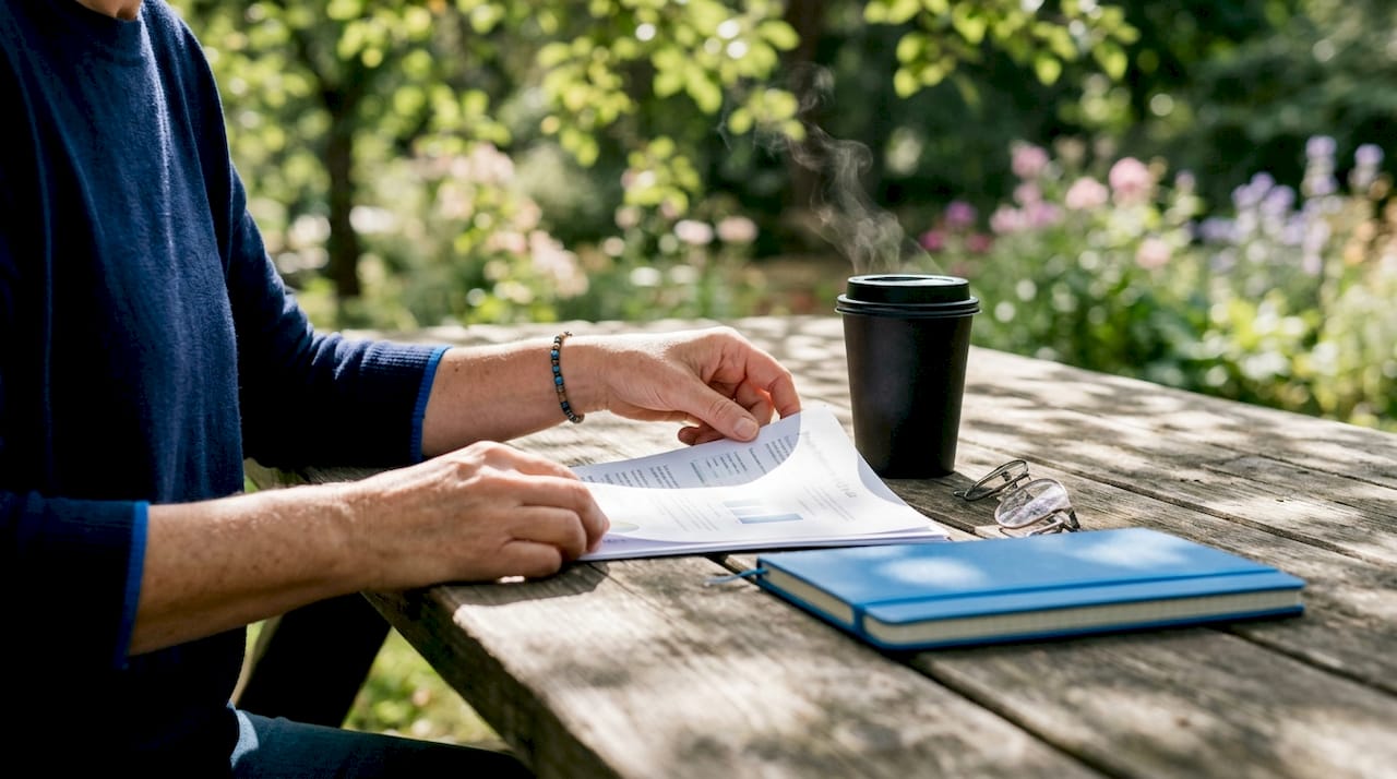 Hands holding financial plan document at cafe table