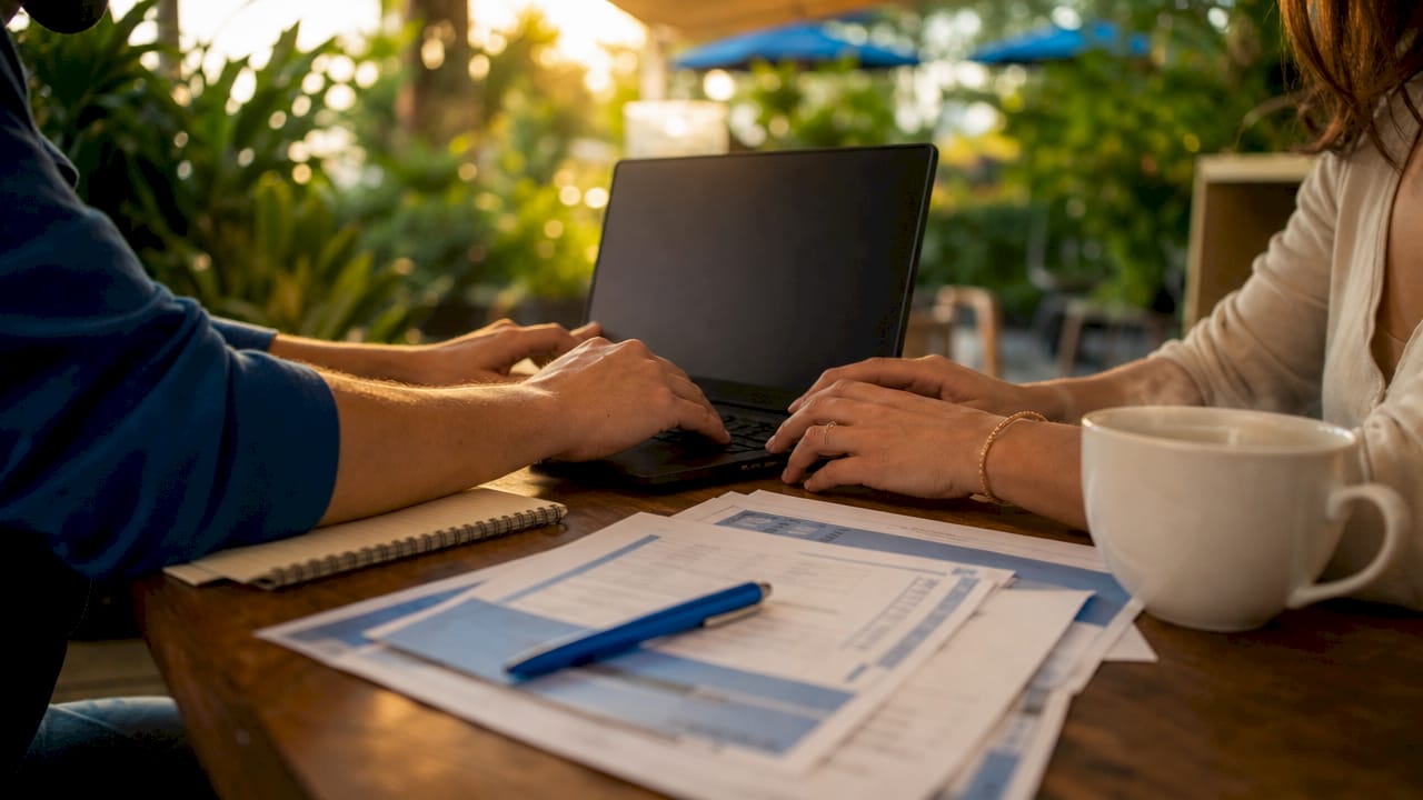 Hands typing on laptop amid SME finance documents