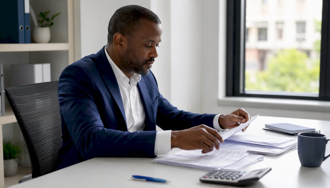 Hands sorting financial papers on desk