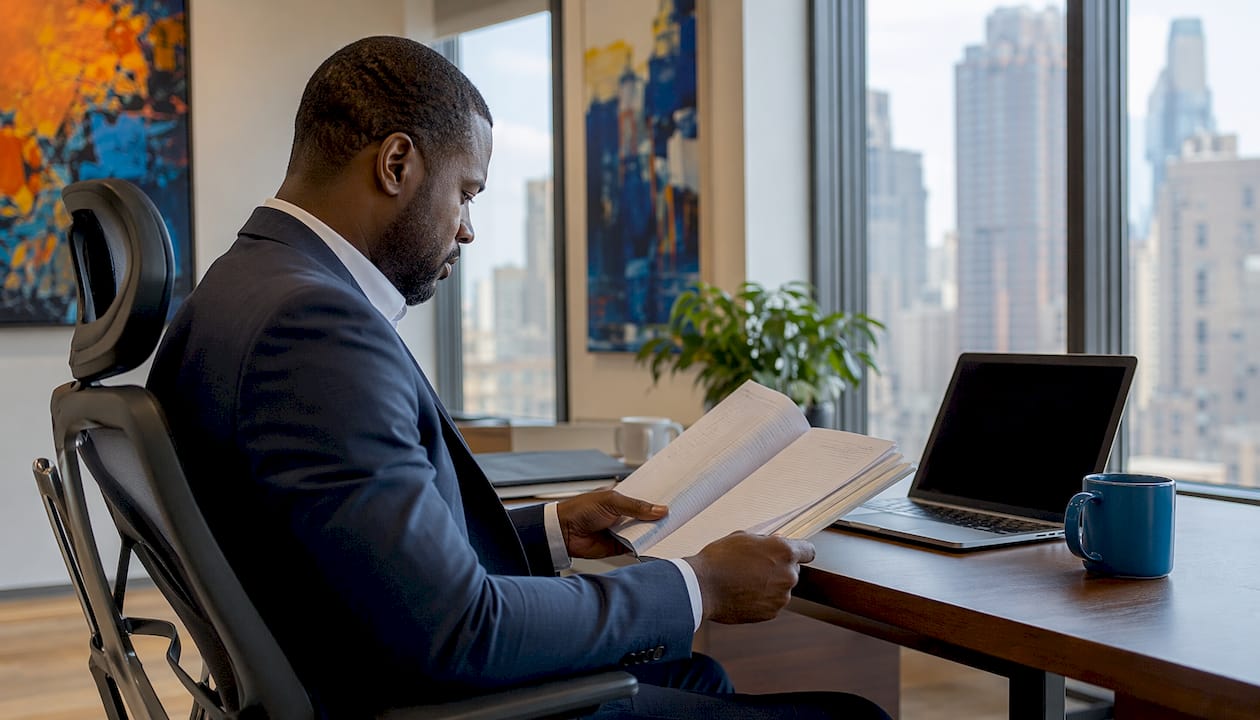 Hands reviewing client notes in professional office