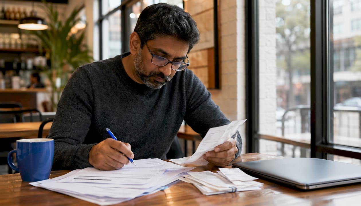 Man reviewing sole trader tax documents at home desk