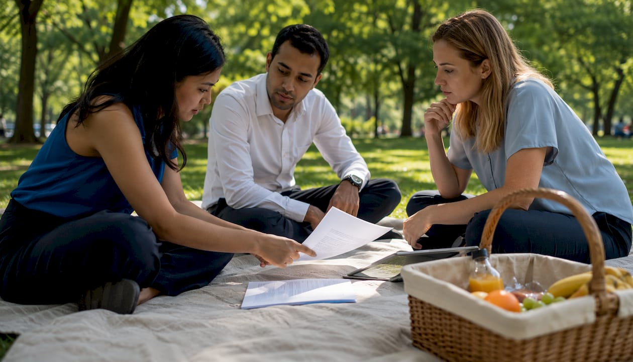 Team discussing private limited company documents in office meeting
