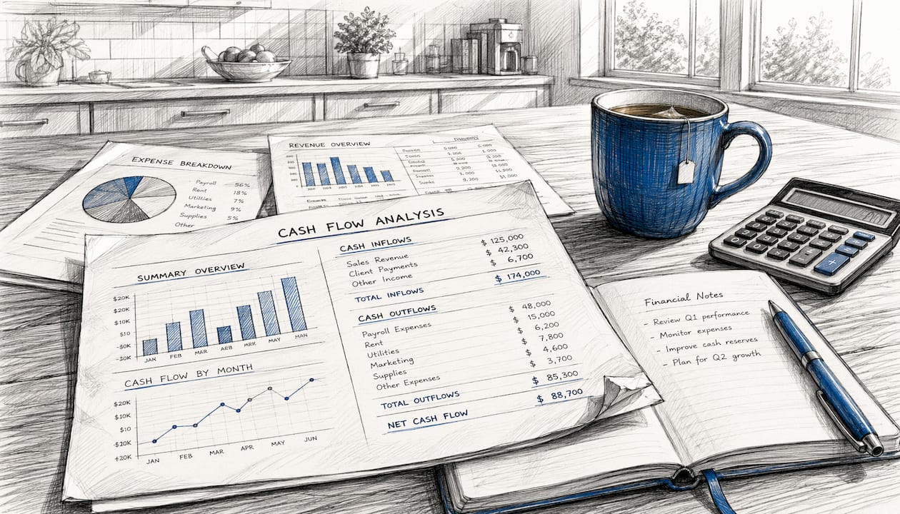 Table with financial documents and calculator for net burn