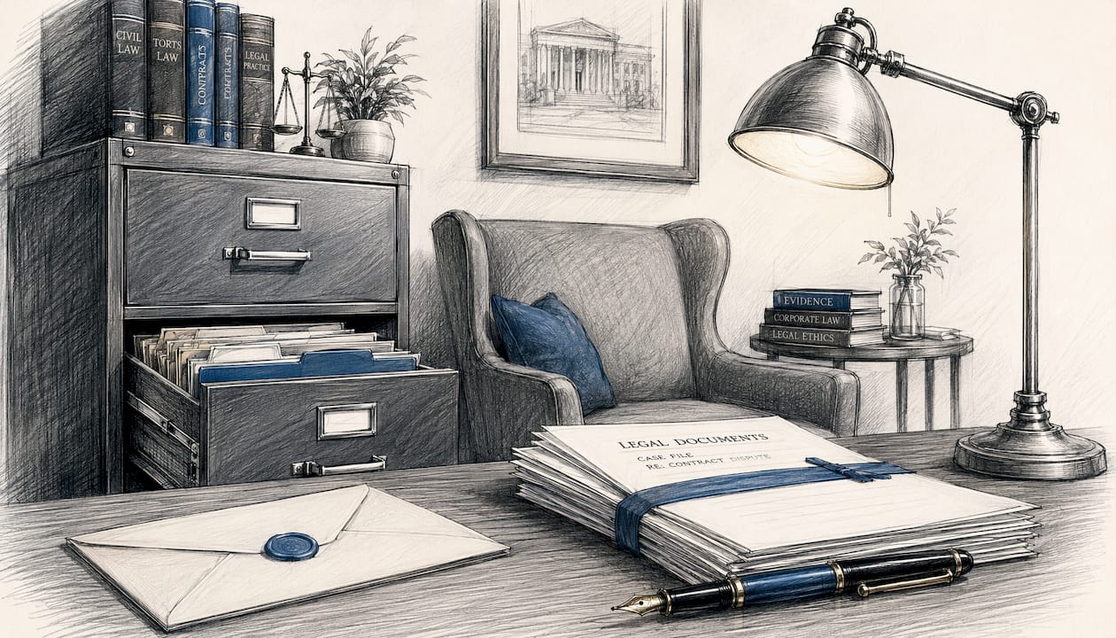 Legal office setup with documents and filing cabinet