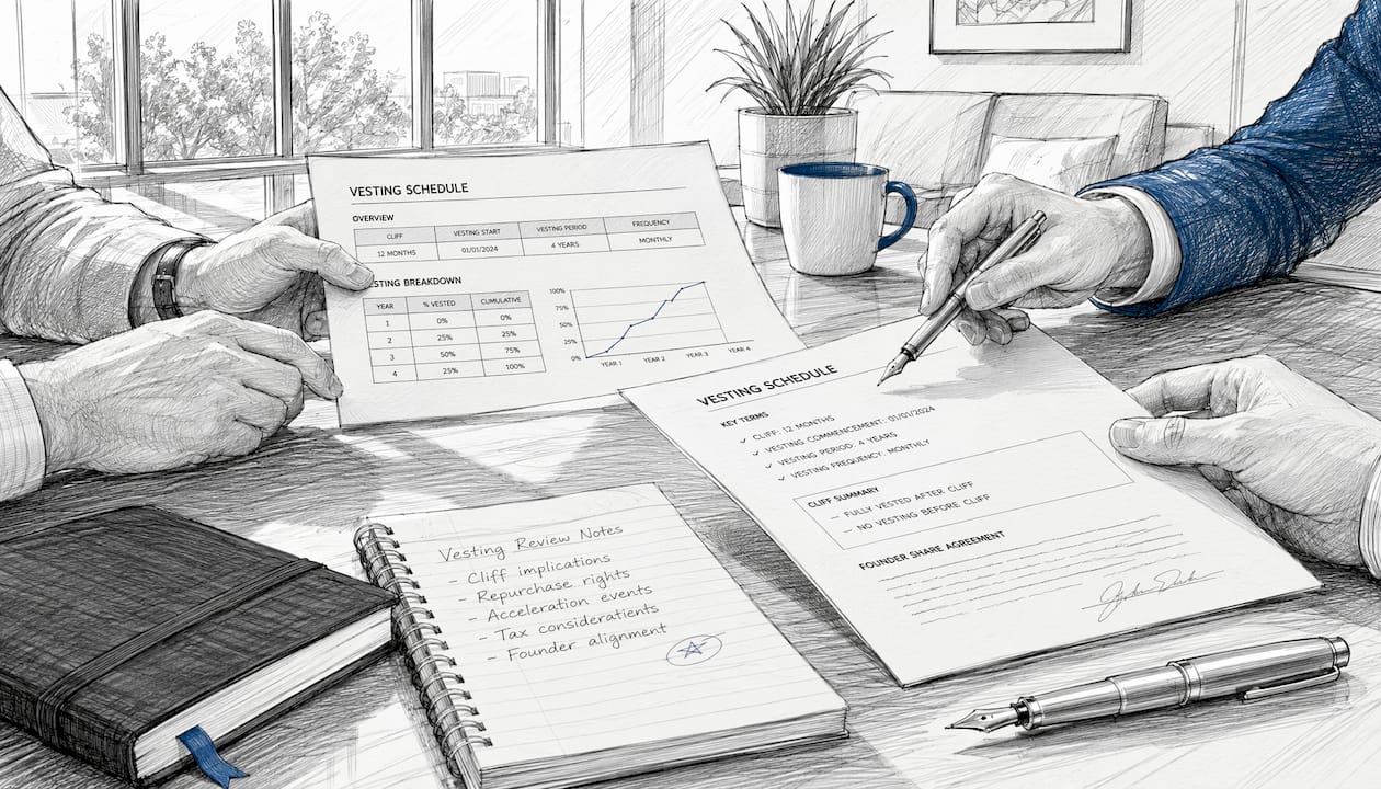 Hands exchanging vesting schedule documents drawing