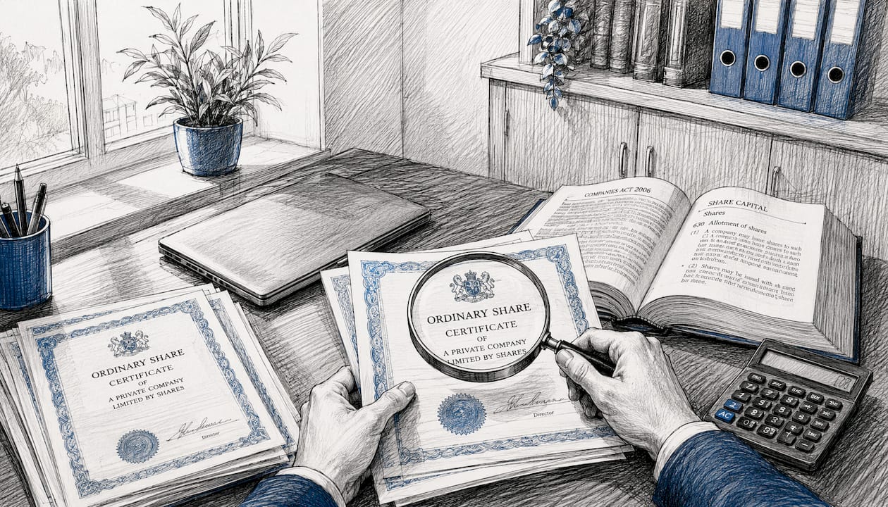 Drawing of hands inspecting share certificates