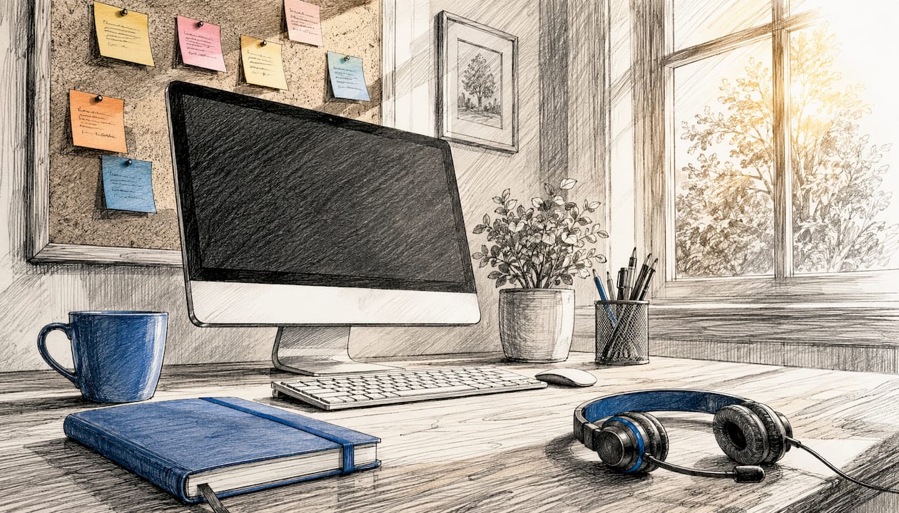 Customer support tools workspace with monitor and headset