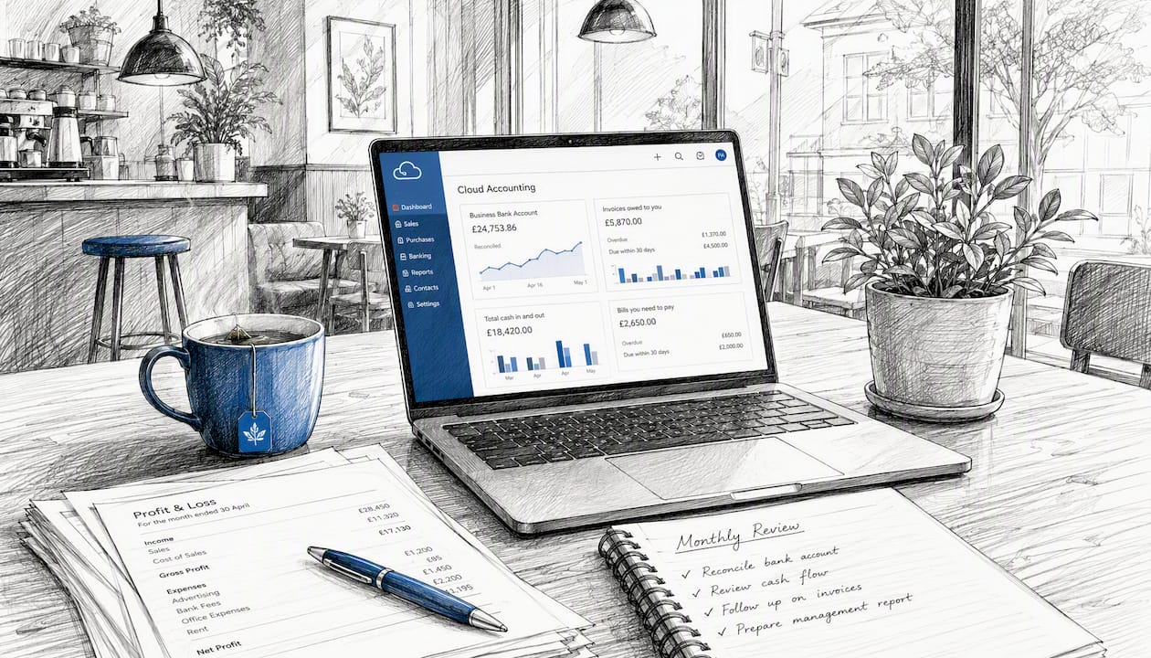 Laptop and accounting tools in coworking space