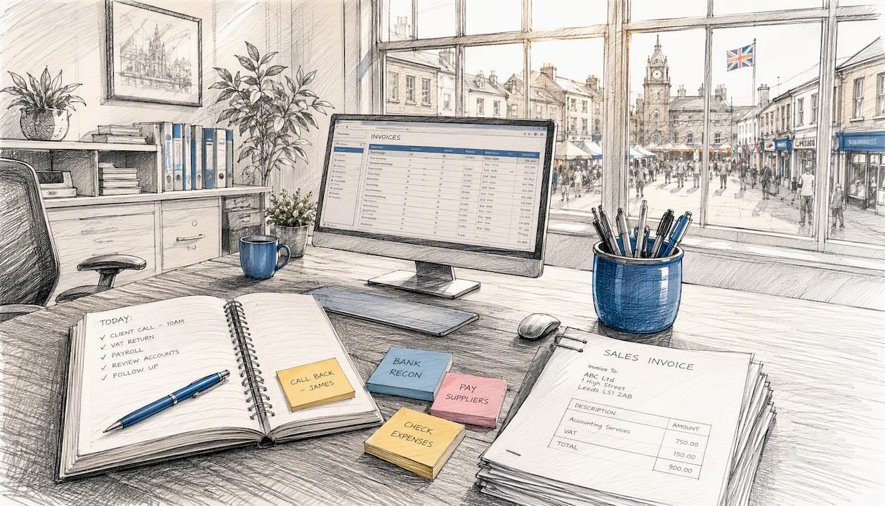Desk with invoicing printouts and tablet