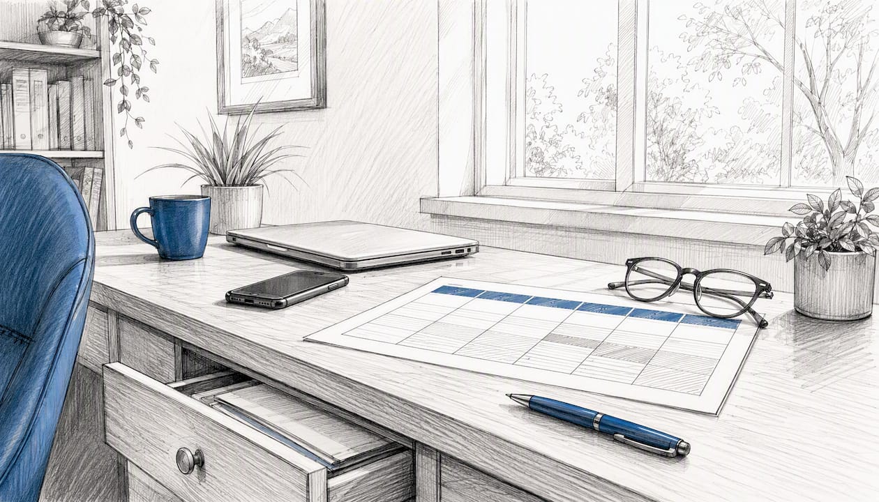 Drawing of desk with accounting comparison chart