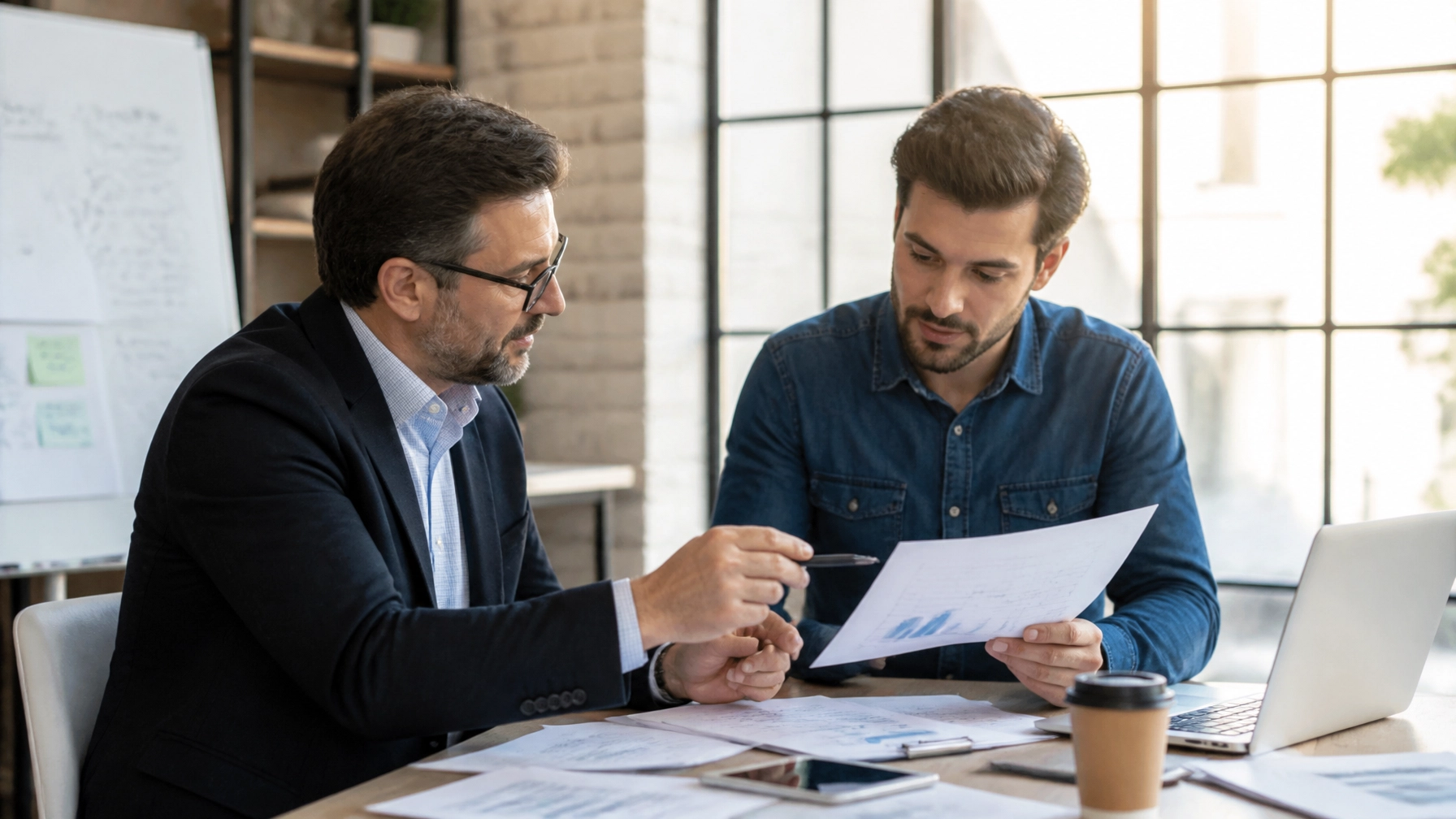 A business strategist collaborating with a startup entrepreneur over financial forecasts
