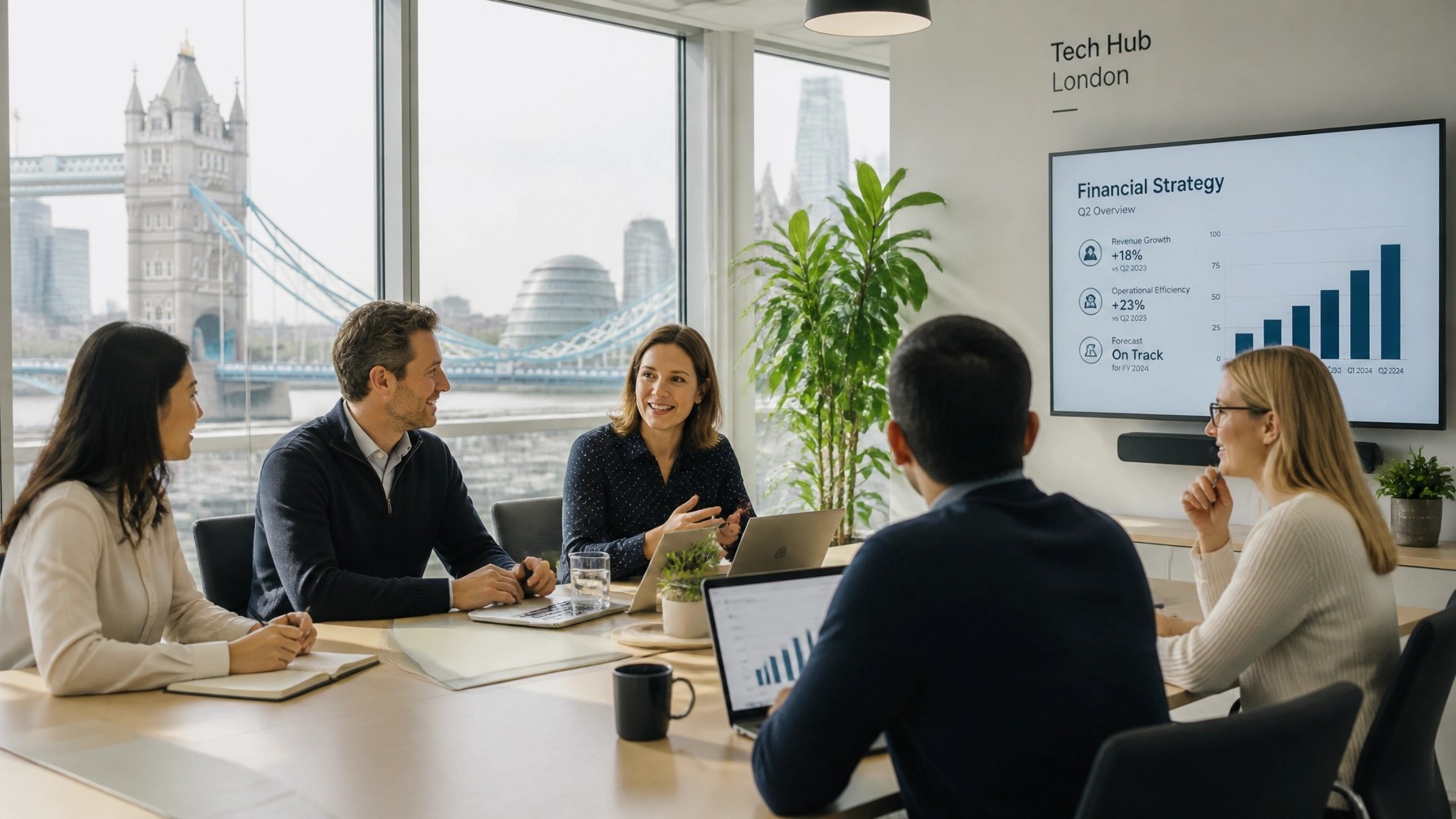 A professional meeting in a bright London tech hub discussing financial strategy