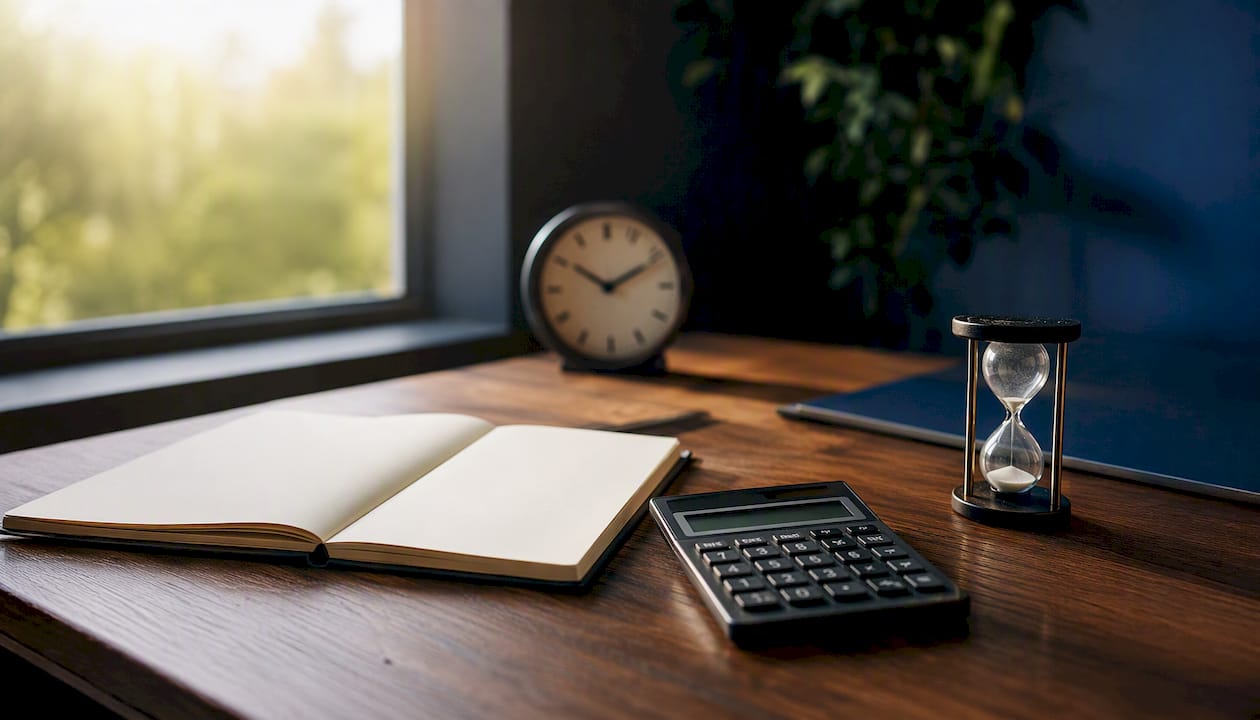 Desk with calculator and hourglass for holiday accrual