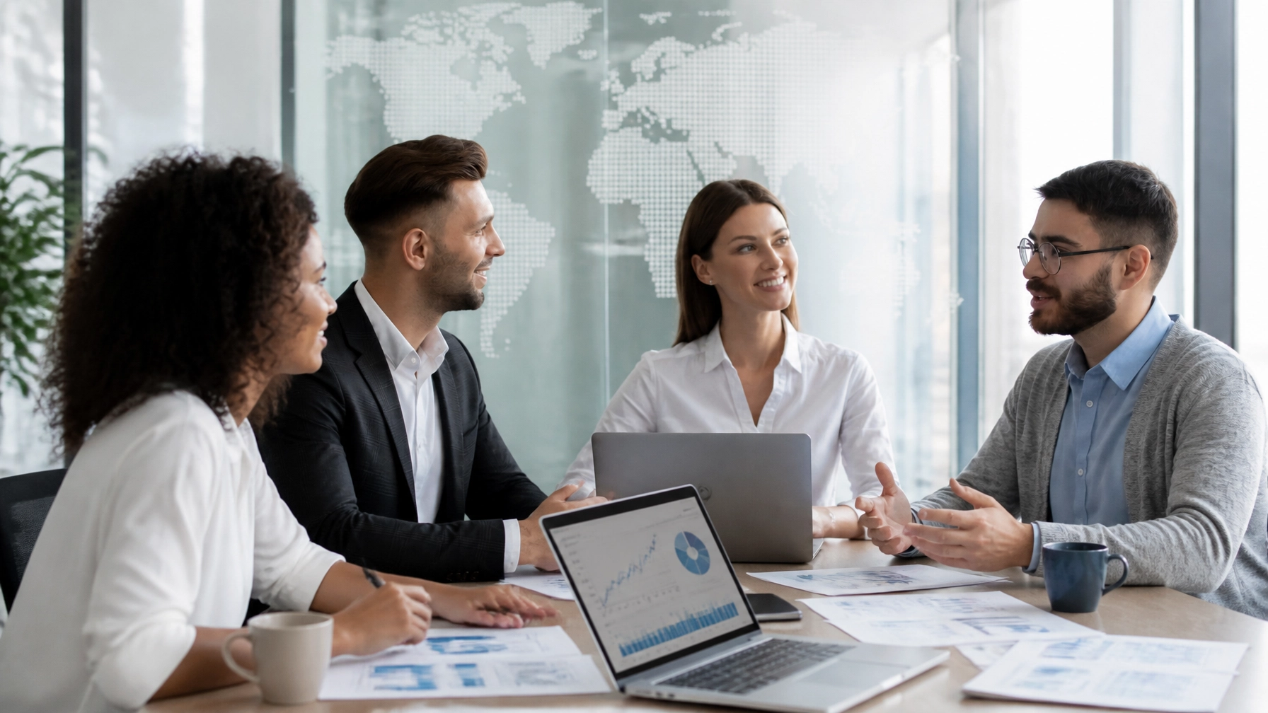 International technology startup team planning UK expansion in a modern London workspace