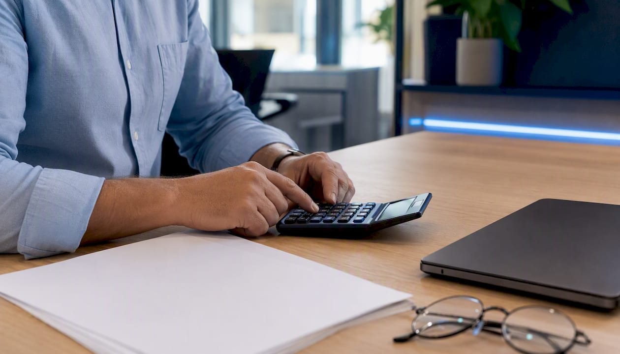 Hands calculating at accounting desk ready for tax review