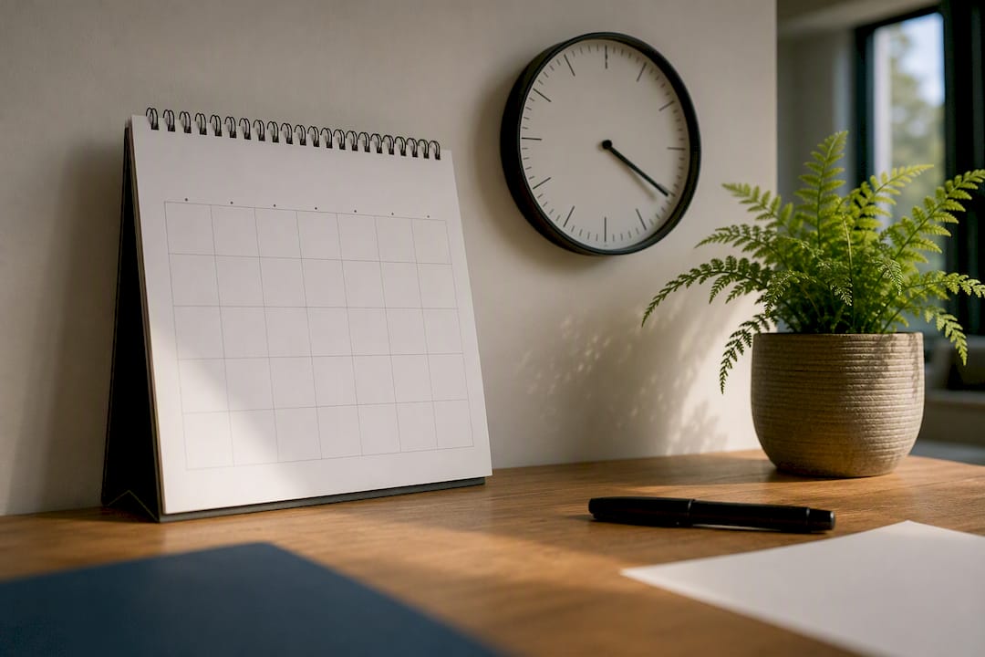 Blank desktop calendar with clock and pen