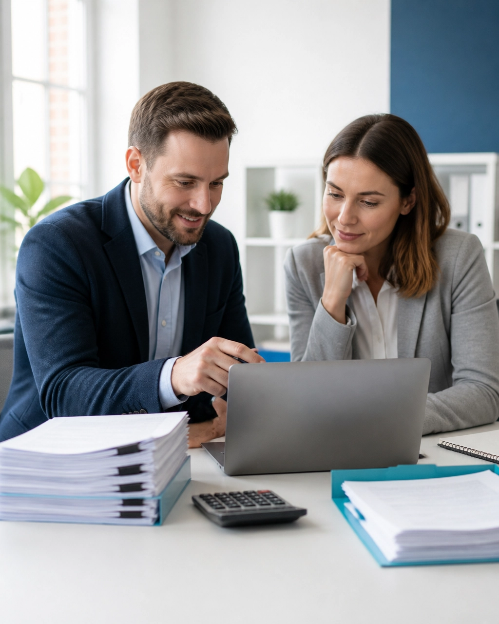 Business founder and adviser reviewing VAT pricing and customer mix