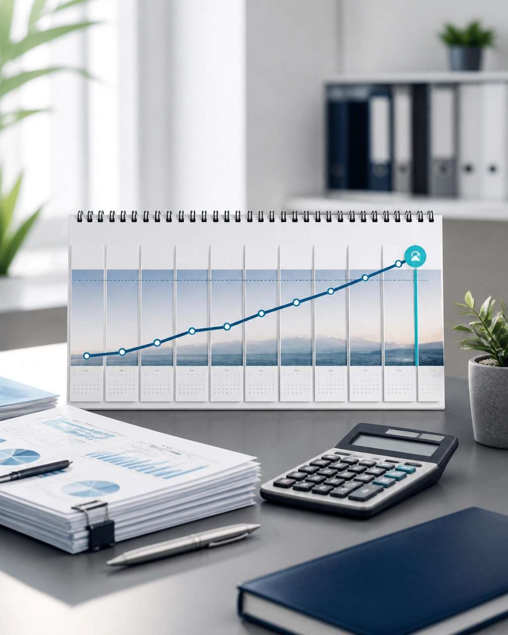 Calendar, invoices and rising chart representing the rolling 12-month VAT turnover test
