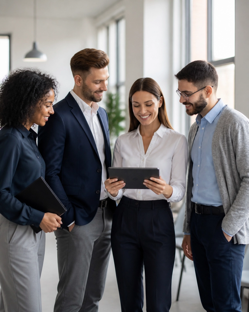 International start-up team reviewing an employee onboarding checklist on a tablet