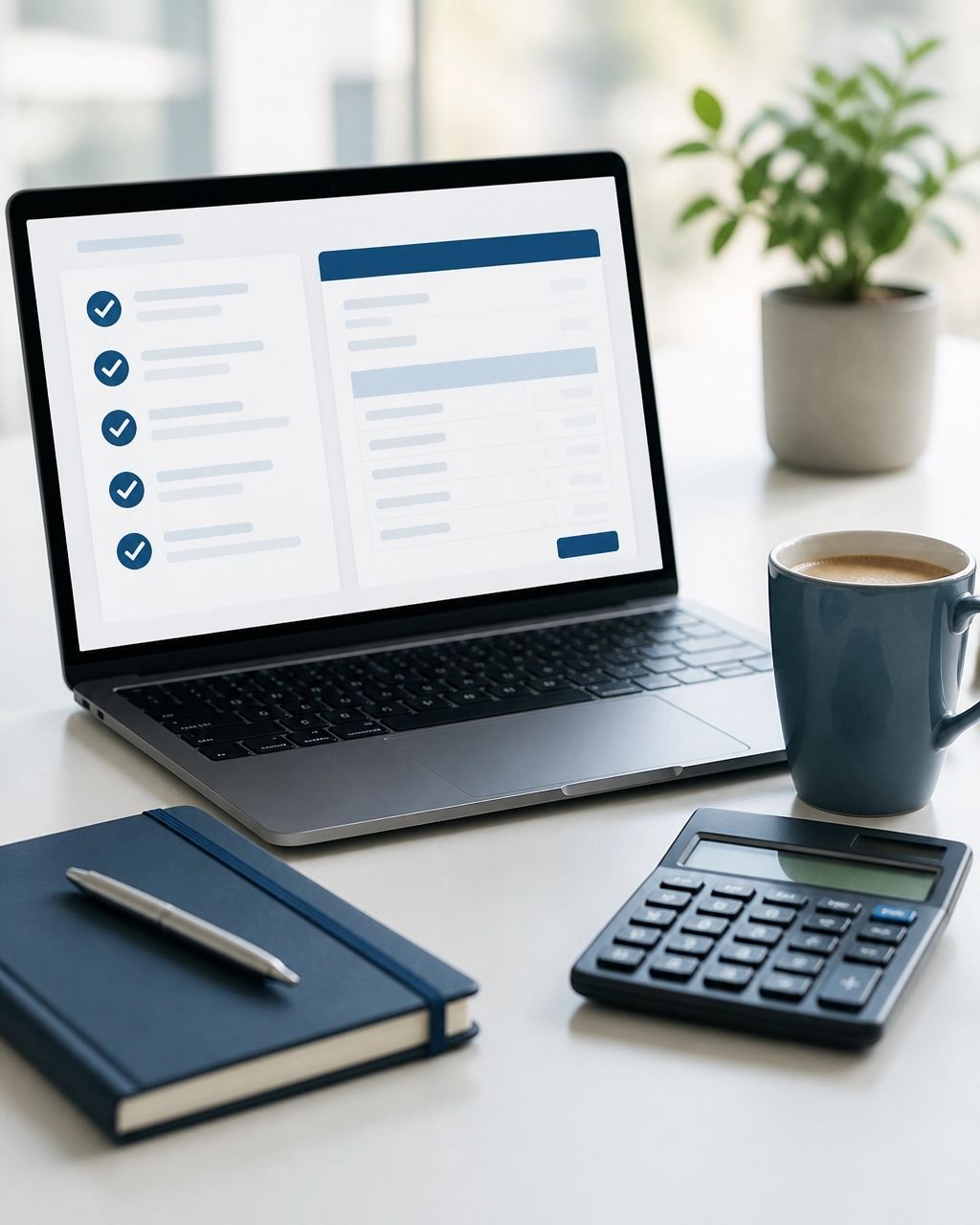 Laptop showing a payroll checklist beside a calculator and business documents